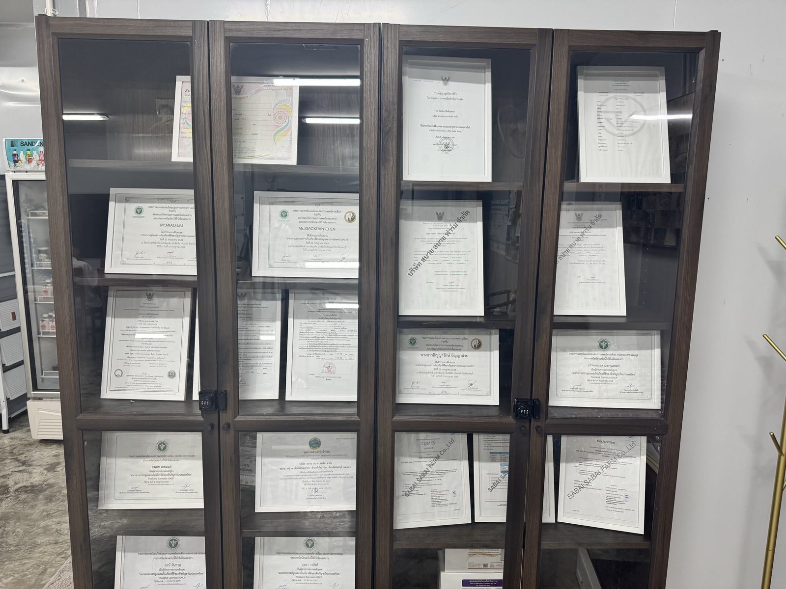 Framed certificates displayed at the facility