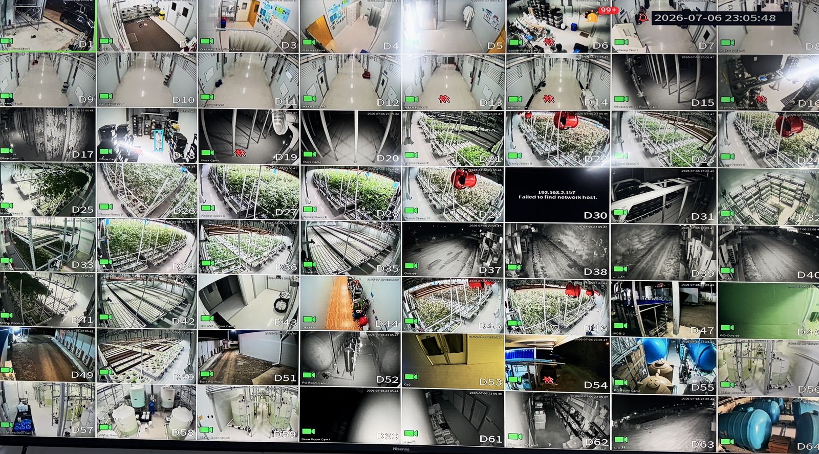 Facility CCTV monitoring wall — camera coverage across production rooms